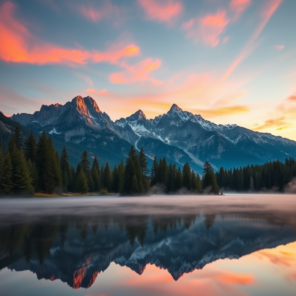 A stunning landscape photograph capturing a serene mountain scene at sunrise, with vibrant orange and pink hues illuminating the sky