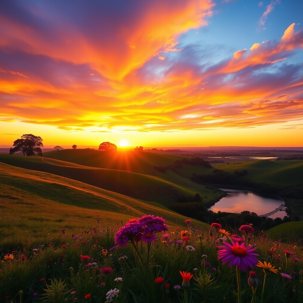 A stunning landscape at sunset, featuring rolling hills and vibrant wildflowers in the foreground, with a dramatic sky painted in hues of orange, pink, and purple