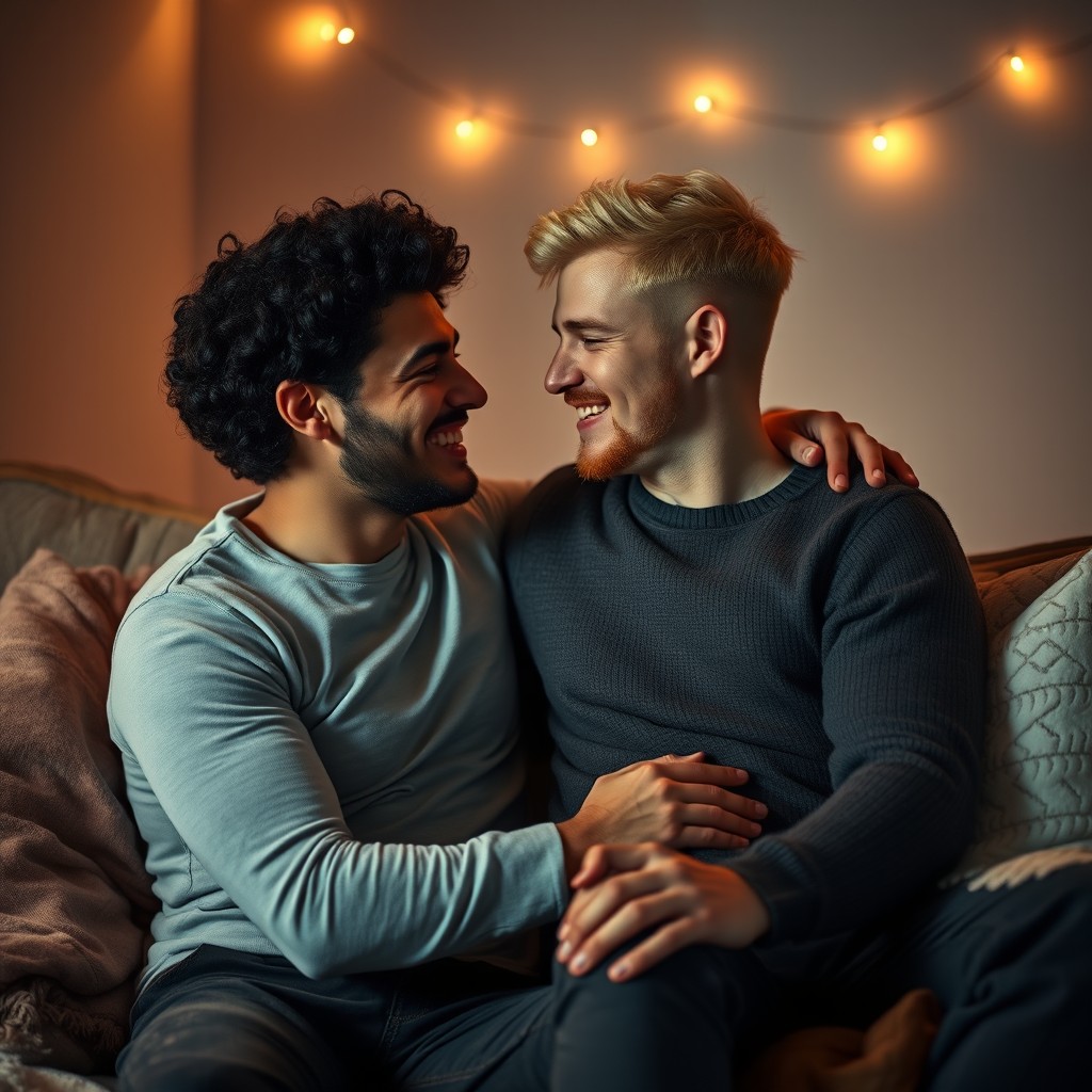 Two gay men sharing a tender moment, sitting closely together in a cozy, dimly lit room