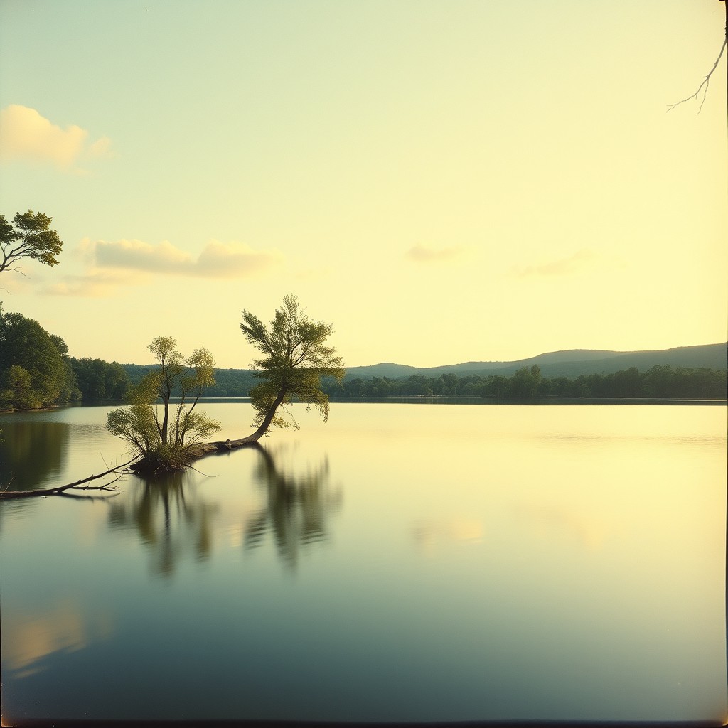 A beautifully restored vintage photograph of a serene landscape featuring a calm lake reflecting the sky, surrounded by lush green trees and distant hills
