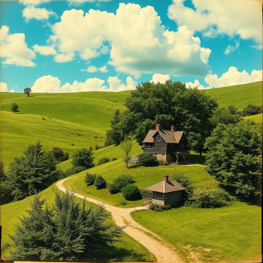 Restoration of a vintage photograph, showcasing a beautifully detailed landscape scene from the early 20th century, with lush green hills, a vibrant blue sky with fluffy white clouds, and a small rustic cottage nestled among the trees