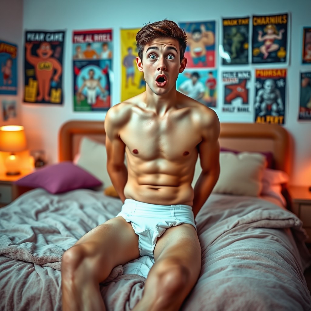 A young man sitting on his bed with a surprised expression, wearing a wet diaper