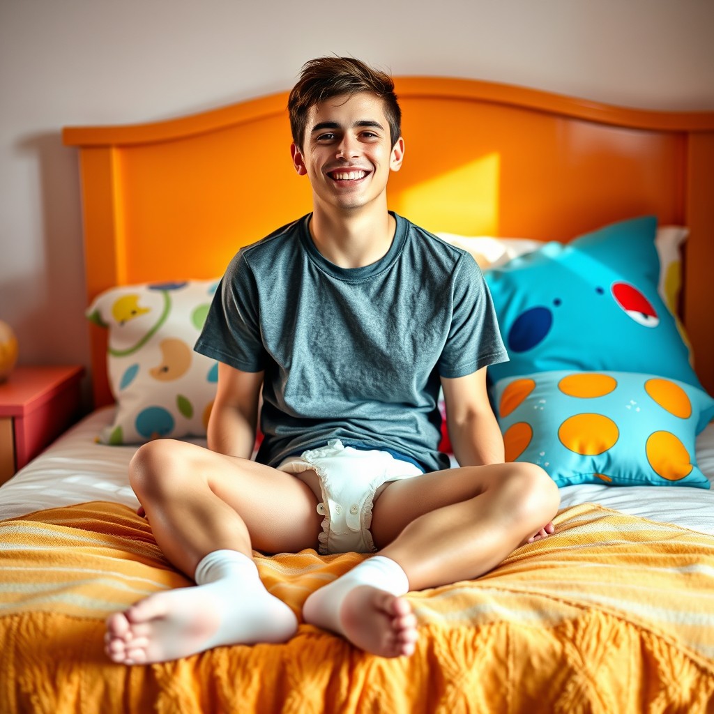 A young man sitting on his bed with a cheerful expression, wearing a wet childish diaper