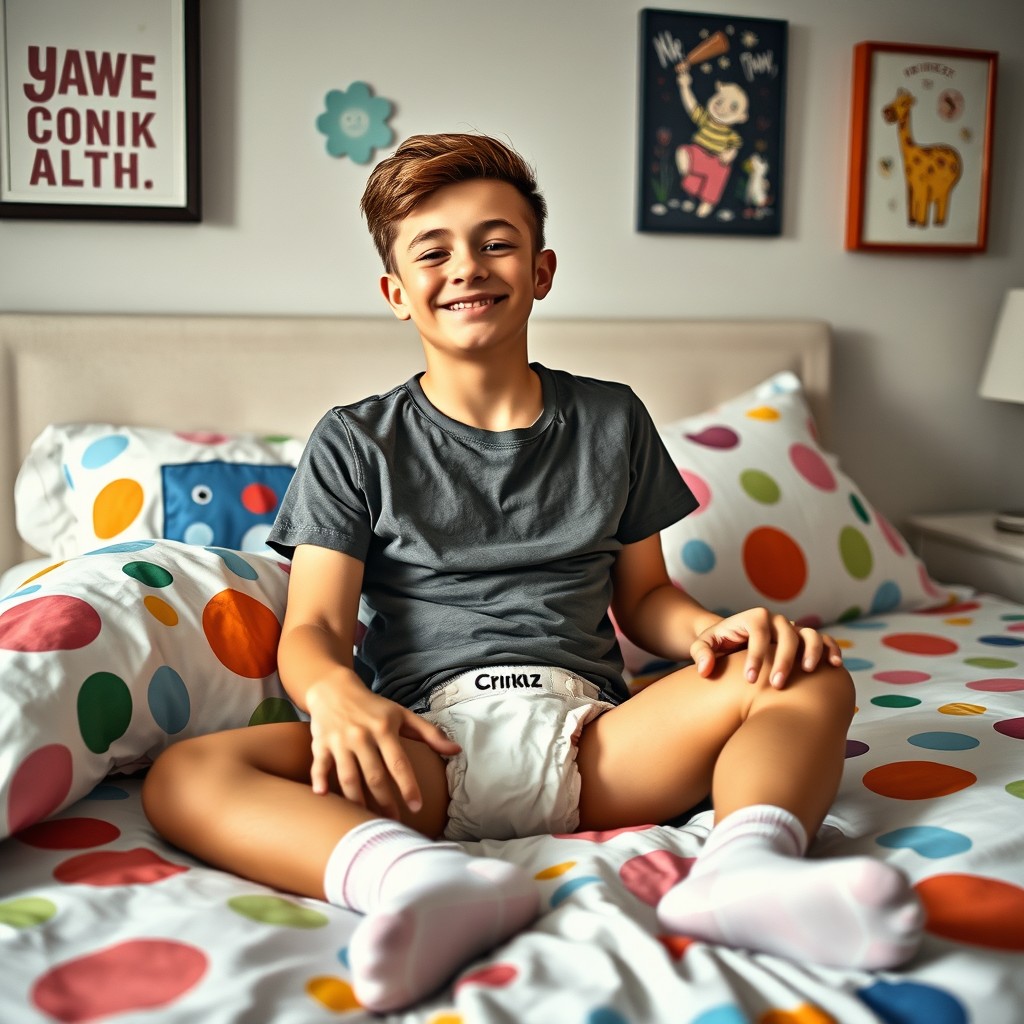 A young man sitting comfortably on his bed, wearing a Crinklz diaper