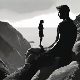 Depict a man in monochrome black and white, standing pensively, contemplating a vividly colored girl. She is side faced, perched on a rocky cliff during the setting sun.