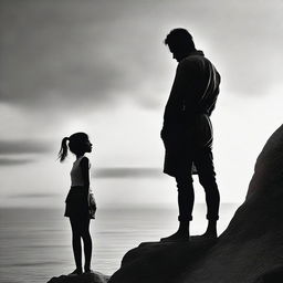 Depict a man in monochrome black and white, standing pensively, contemplating a vividly colored girl. She is side faced, perched on a rocky cliff during the setting sun.