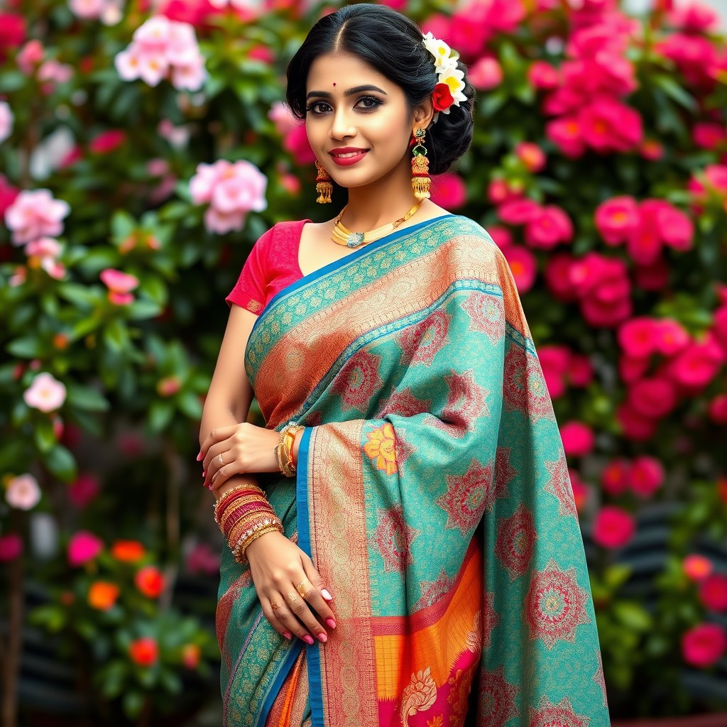 A stunning woman wearing a vibrant and intricately designed saree, showcasing beautiful patterns and colors