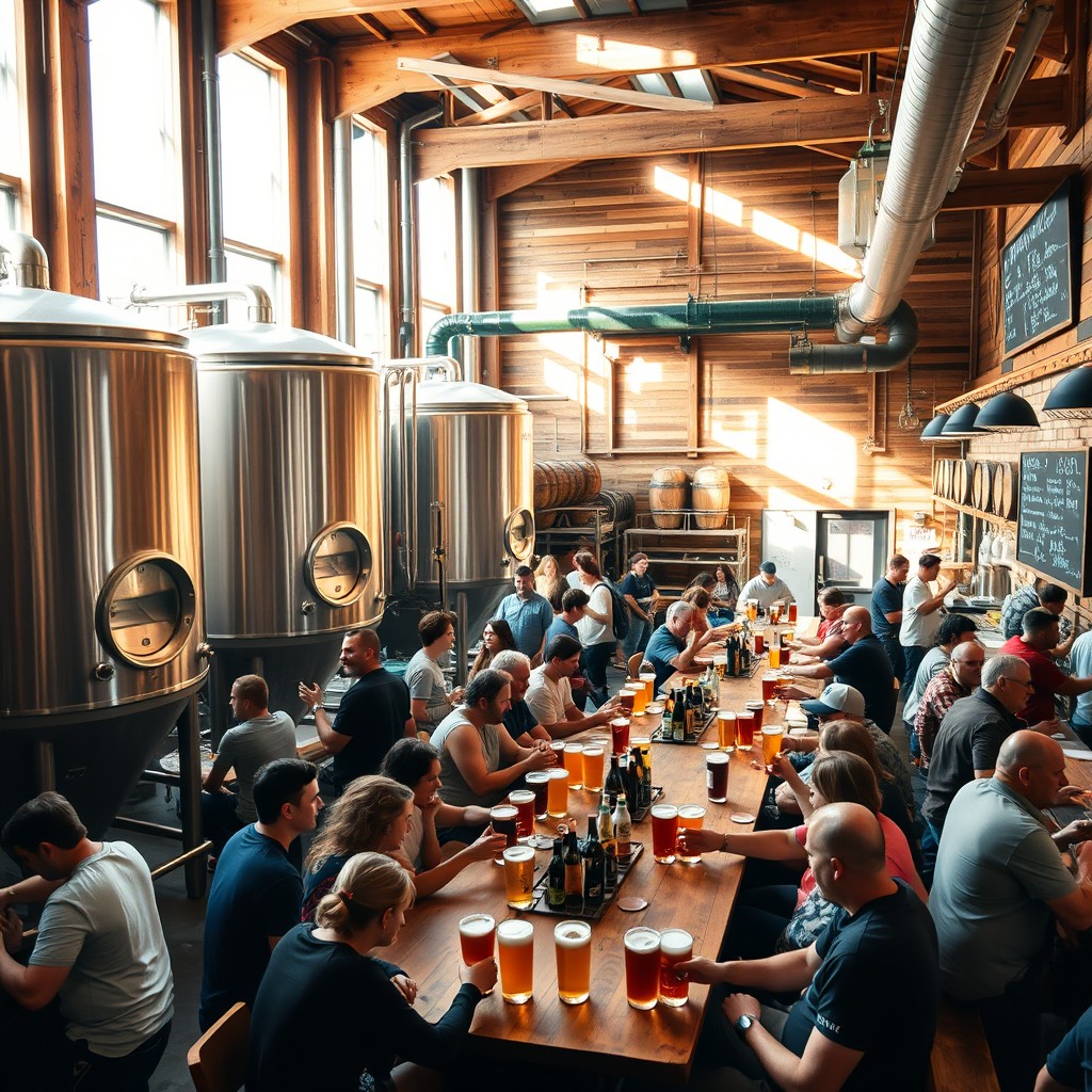 A vibrant and lively brewery scene filled with people enjoying their time, showcasing large metal brewing kettles, wooden barrels, and a variety of craft beers on tap