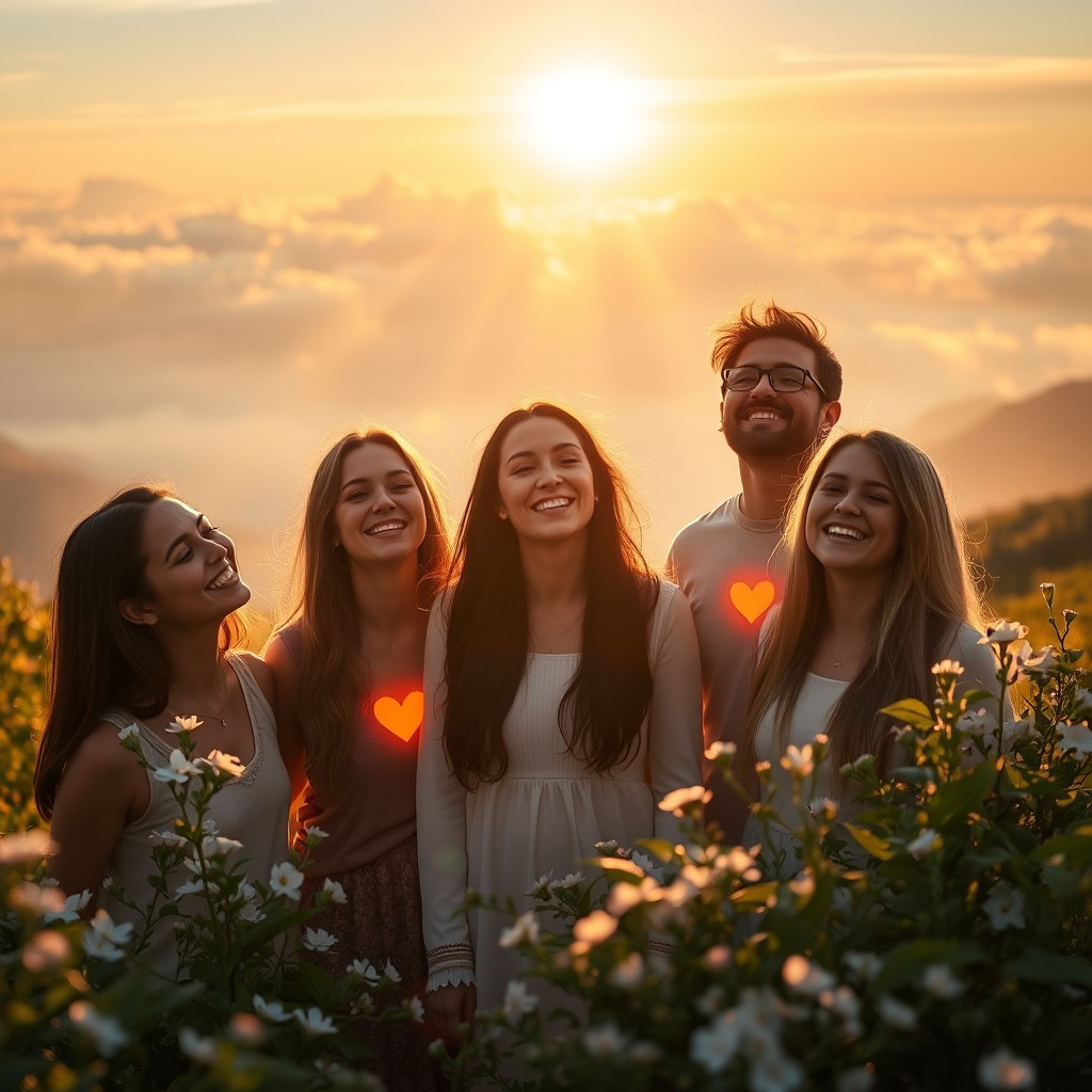 A serene and uplifting scene depicting a group of joyful individuals with pure hearts, emanating a warm and inviting light