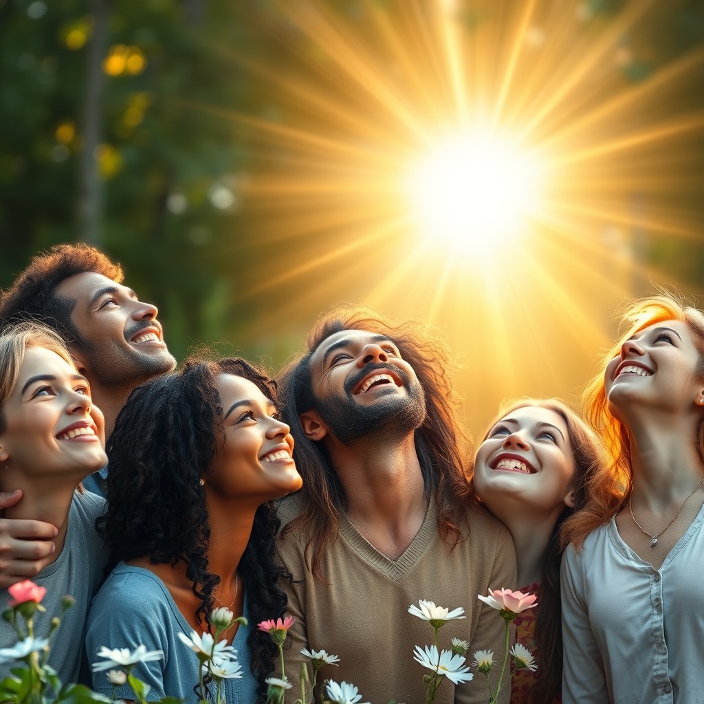 A serene and spiritual scene depicting a diverse group of people with pure hearts joyfully gazing into a radiant, divine light symbolizing God