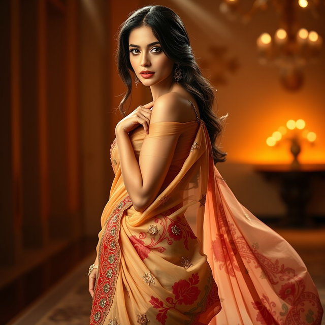 A stunning model draped in an exotic, ornate saree that features intricate embroidery and vibrant colors