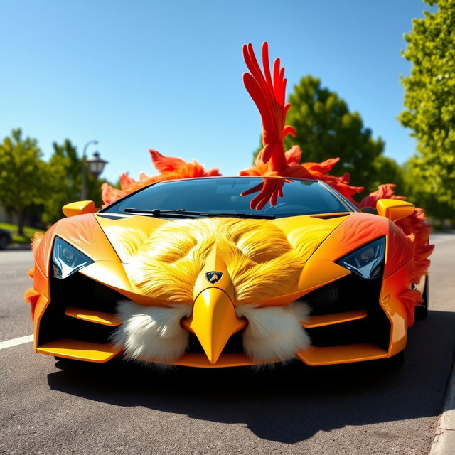 A unique Lamborghini car designed to resemble a chicken, featuring feather-like textures and a beak at the front, with vibrant colors like yellow, red, and orange