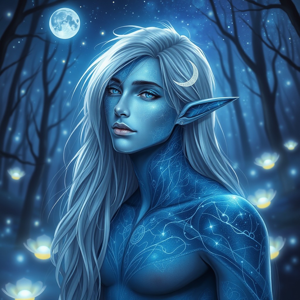 A male Moon Elf with ethereal features and celestial inscribed skin, radiating a serene, mystical glow