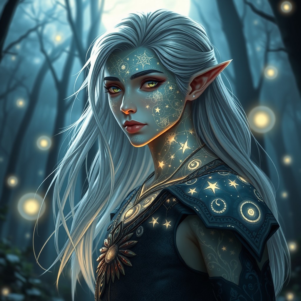 A male Moon Elf with celestial inscribed skin, showcasing intricate glowing patterns that resemble stars and constellations