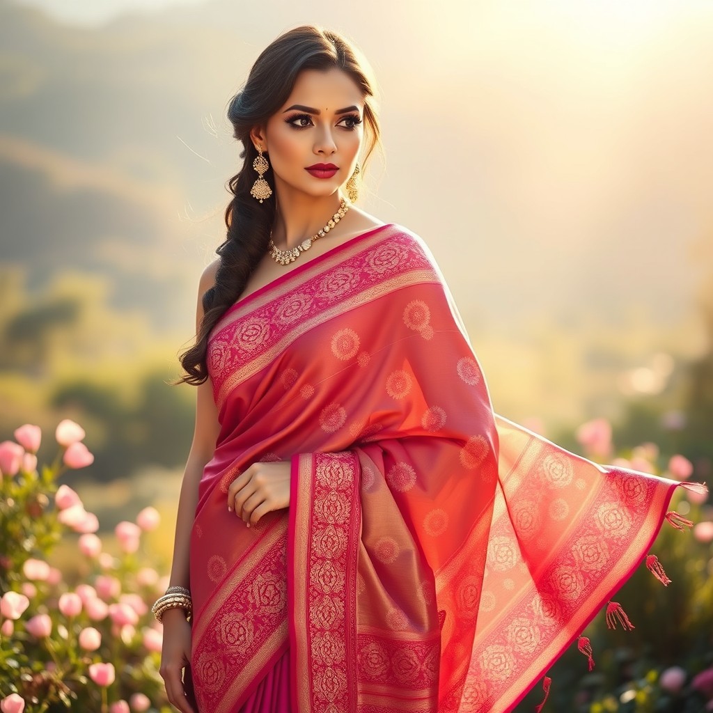 A stunning display of a woman elegantly draped in a traditional saree, showcasing intricate designs and vibrant colors
