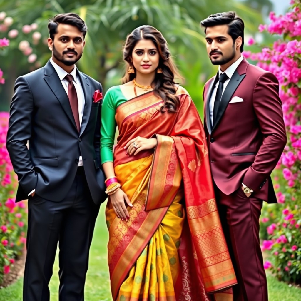 A captivating scene featuring an attractive woman wearing a traditional saree, gracefully draped around her, showcasing vibrant colors and intricate patterns