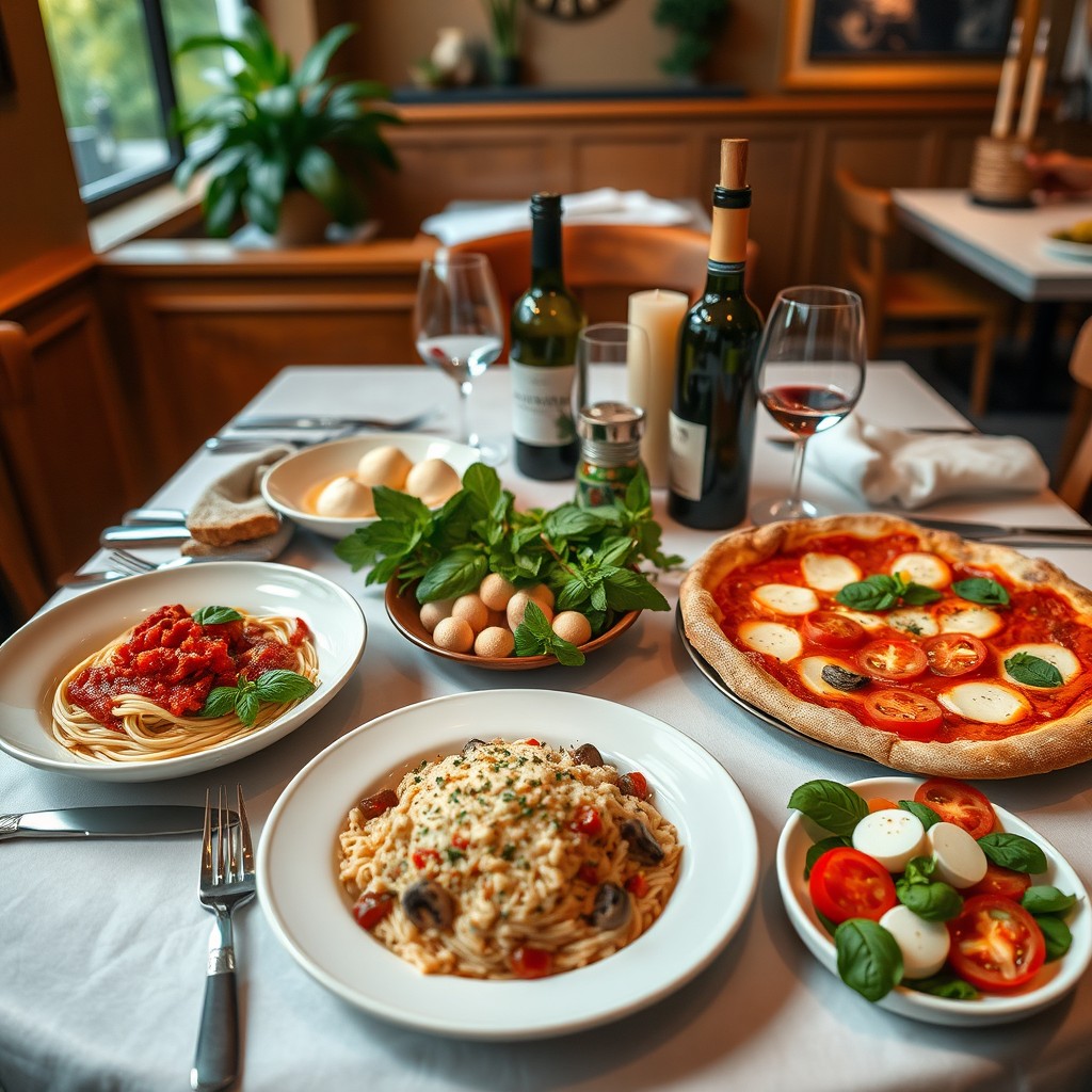 A beautifully arranged Italian dining table, featuring a variety of iconic dishes such as a steaming bowl of spaghetti with rich marinara sauce garnished with fresh basil, a classic Margherita pizza with melted mozzarella cheese and ripe tomato slices, a plate of creamy risotto with mushrooms, and a vibrant caprese salad with fresh mozzarella, tomatoes, and basil