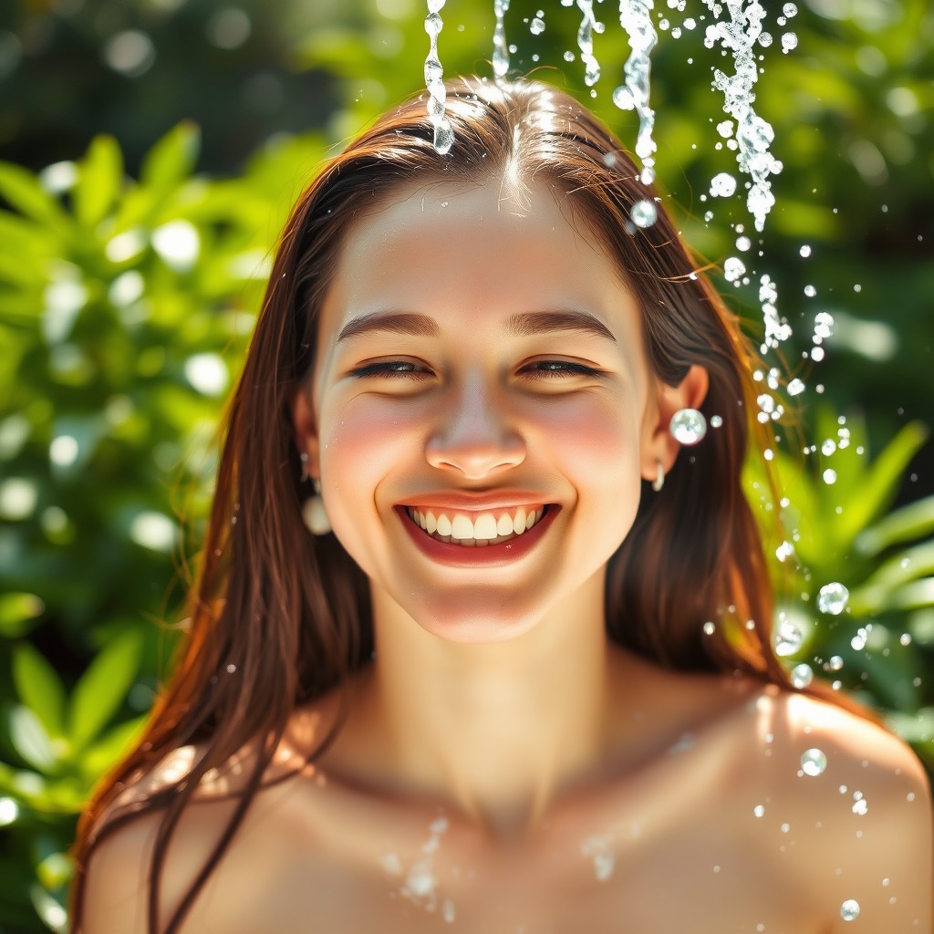 A serene scene of a young woman enjoying a refreshing shower outdoors, with water glistening on her skin under the sunlight