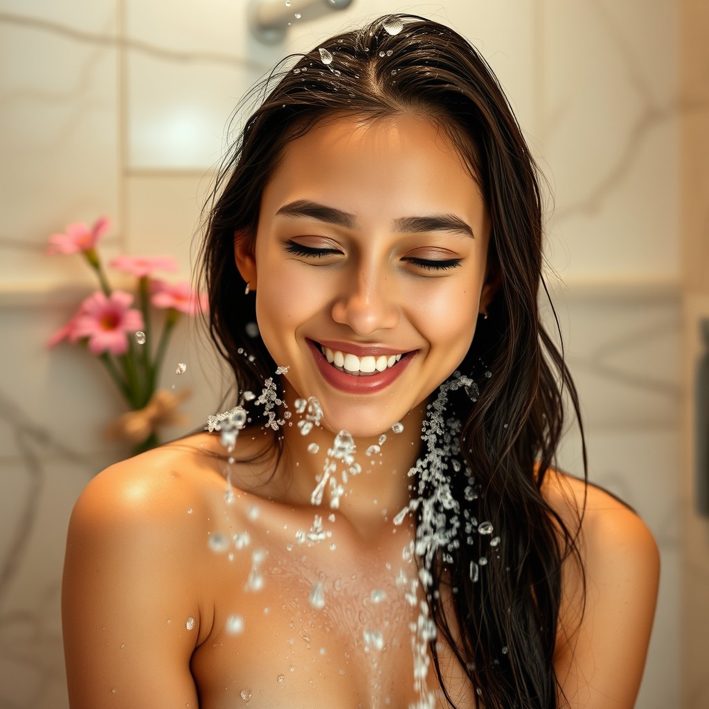 A young woman enjoying a refreshing shower, surrounded by steam and droplets of water glistening on her skin