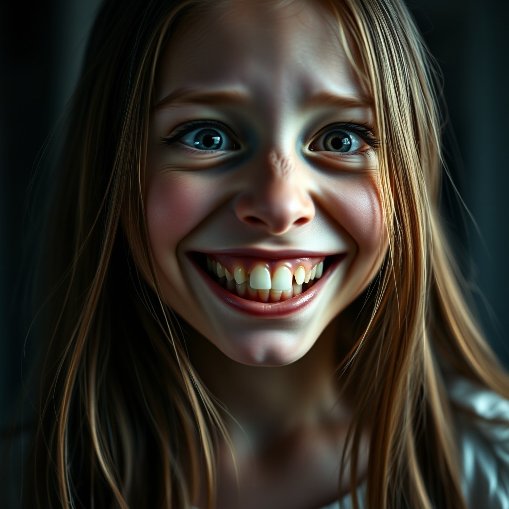 A portrait of a pretty girl with a stretched, scary smile revealing crooked teeth and wide-open eyes