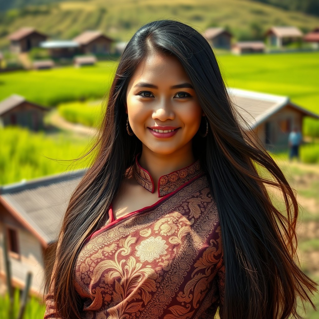 A beautiful Sundanese woman with long, flowing black hair and an elegant traditional outfit made of intricately patterned batik fabric