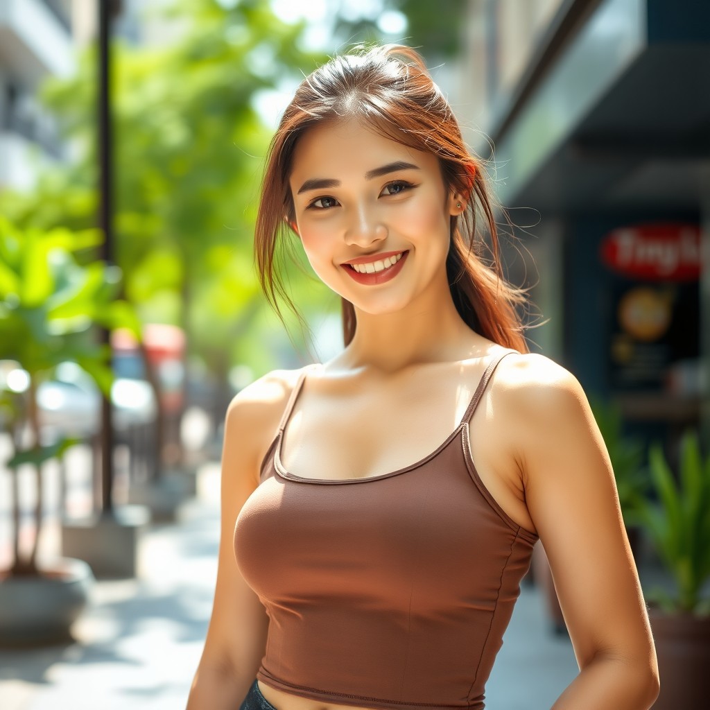A beautiful Thai woman wearing a tight-fitting tank top, showcasing her lovely features and captivating smile