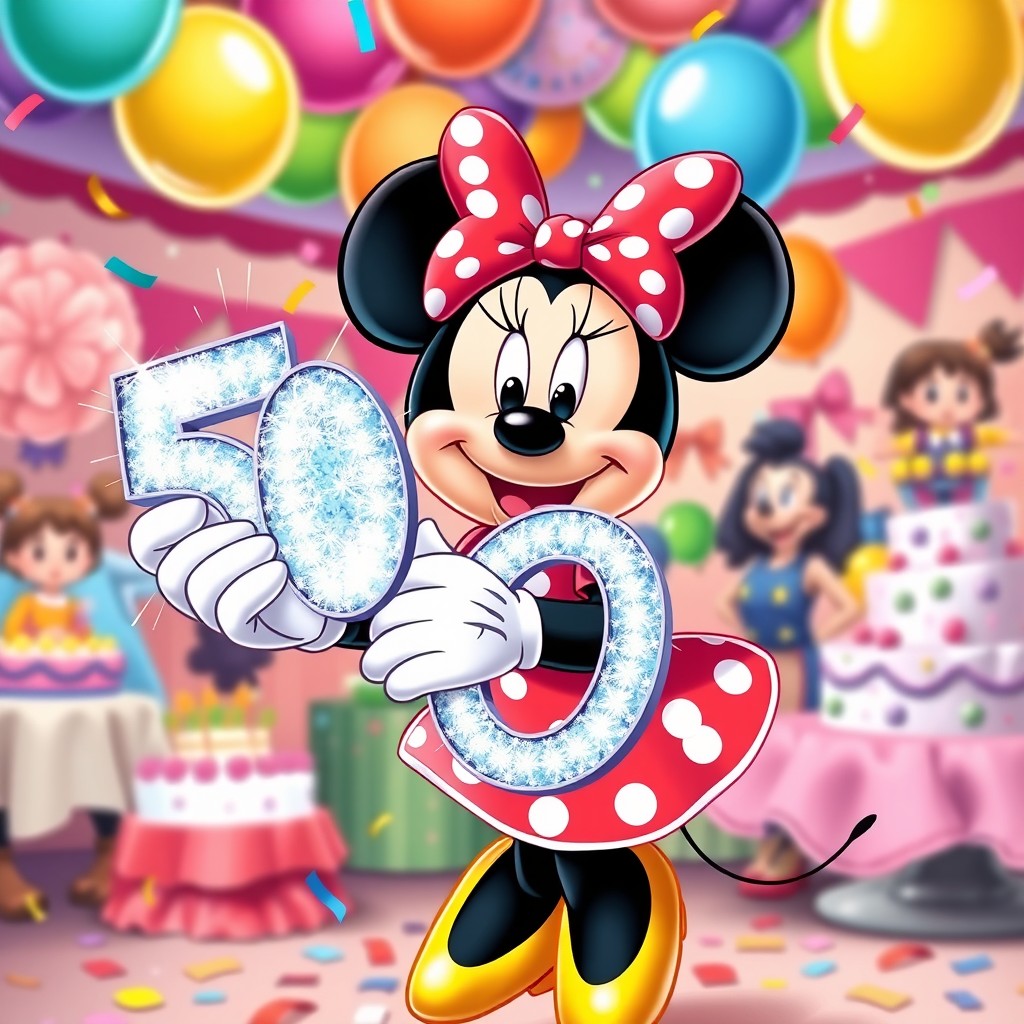 A joyful Minnie Mouse character celebrating a birthday party, holding a large, sparkling '50' sign with colorful balloons and confetti falling around her