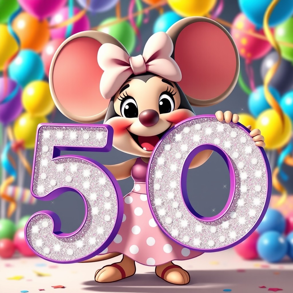 A cheerful cartoon character resembling a classic mouse, with large round ears, wearing a polka-dotted dress and bow, joyfully holding a giant glittering sign that reads '50'