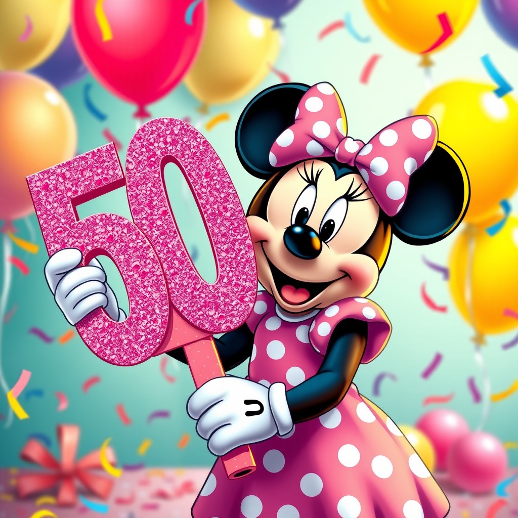 A cheerful and vibrant scene featuring Minnie Mouse celebrating her 50th birthday, holding a large bright pink glittery '50' sign
