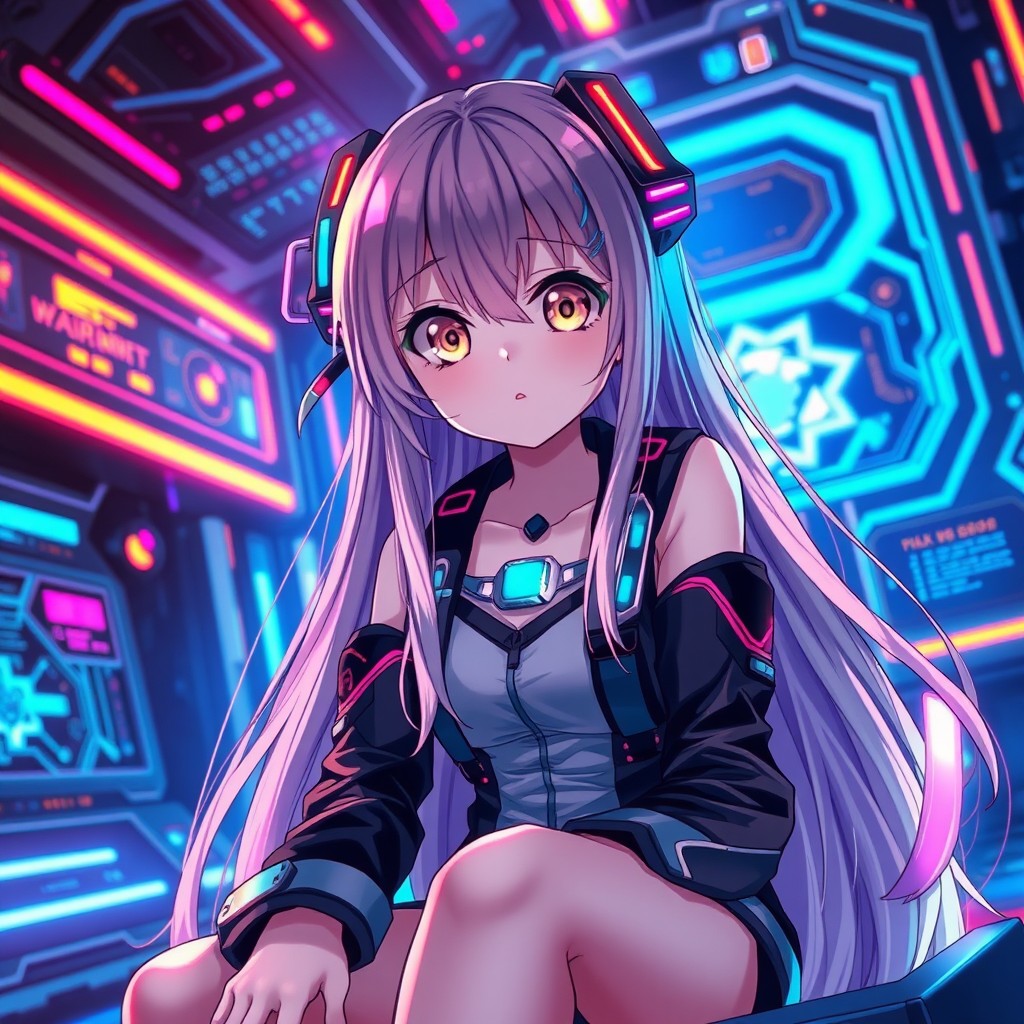 An anime girl with an entranced and dazed expression, sitting in a futuristic setting filled with neon lights and digital screens