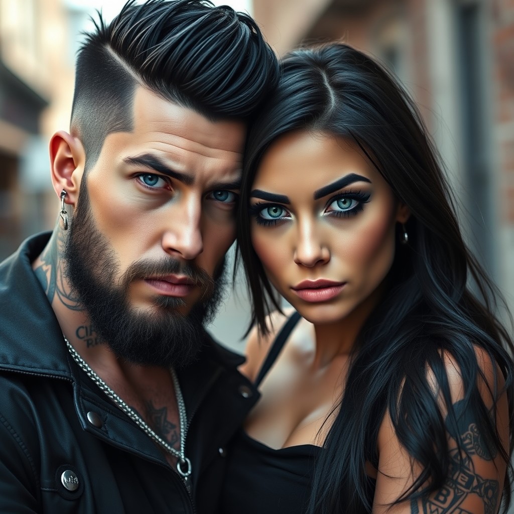 A badass couple leaning into each other, the male has striking black hair and a well-groomed beard, showcasing his plugs and tattoos