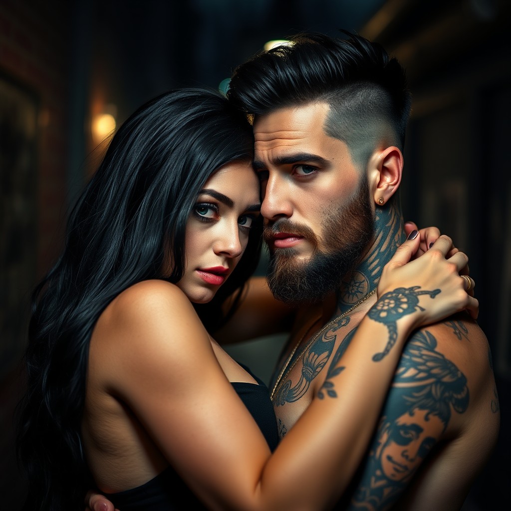 A badass couple in an intimate setting, the male has striking black hair, a well-groomed beard, and vibrant blue eyes, showcasing his numerous tattoos