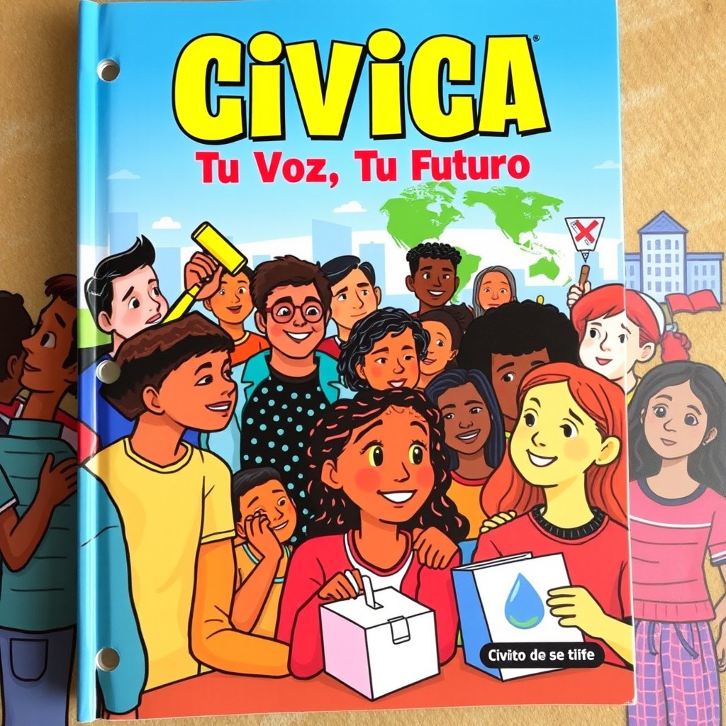 A colorful and engaging cover for a civics textbook, designed to appeal to high school students