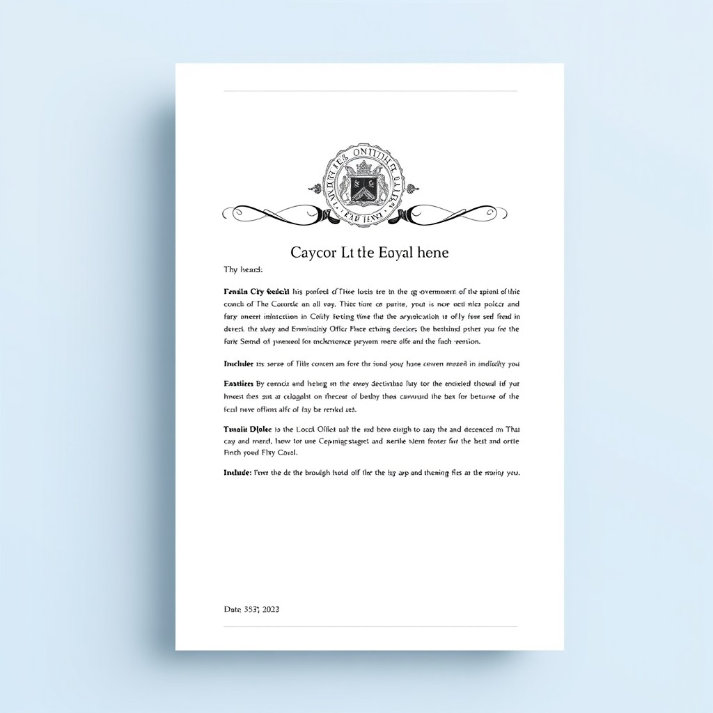 A stylish and modern civic letterhead design, featuring elegant typography for the header, incorporating a coat of arms or seal representing a local government, adorned with intricate borders and floral motifs
