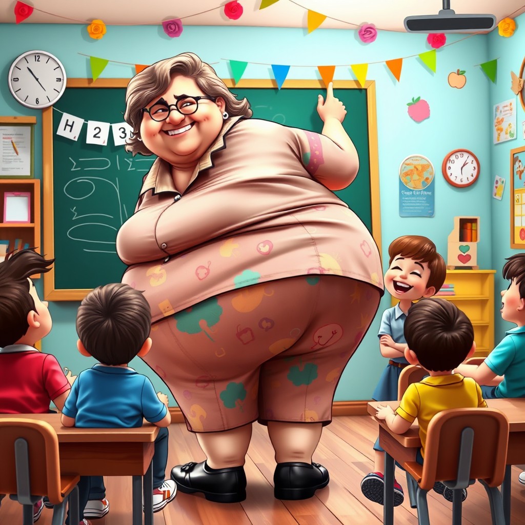 An exaggerated cartoonish depiction of a playful and humorous scene in a whimsical classroom setting