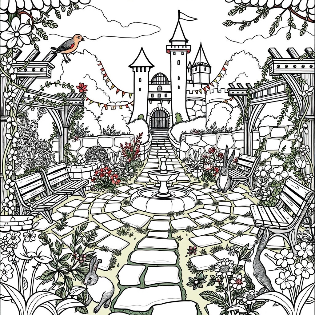 A whimsical medieval garden scene designed for a children's coloring book, featuring elaborate stone pathways, quaint wooden benches, and trellises adorned with climbing vines and flowers