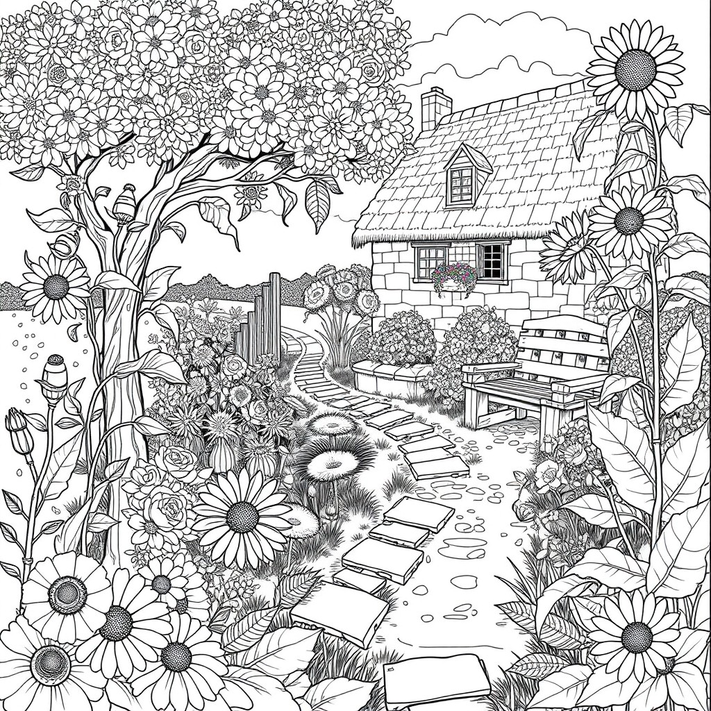 A detailed illustration of a tranquil medieval garden scene, featuring a variety of plants including roses, daisies, and tall sunflowers