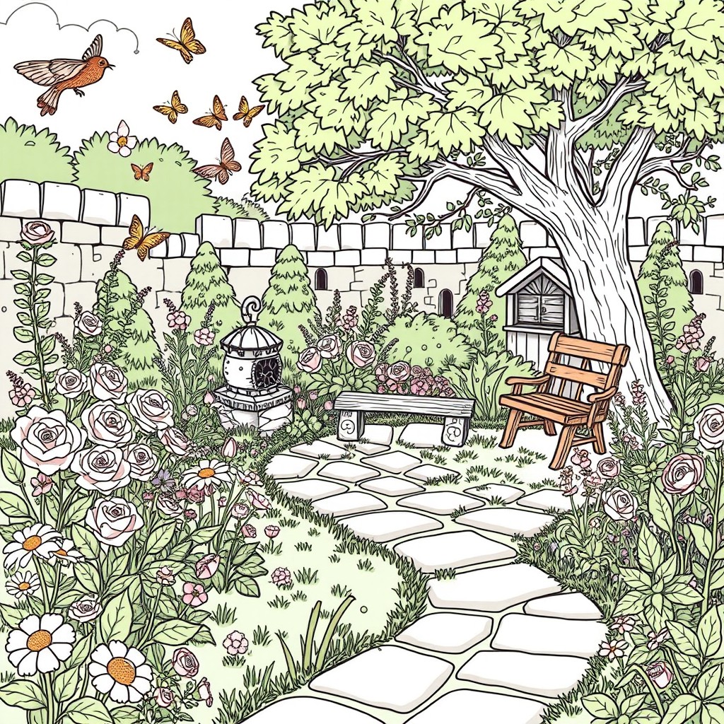 A whimsical and detailed illustration of a medieval garden, perfect for a children's coloring book