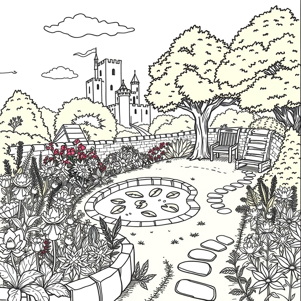 A whimsical, hand-drawn illustration of a medieval garden designed for a children's coloring book