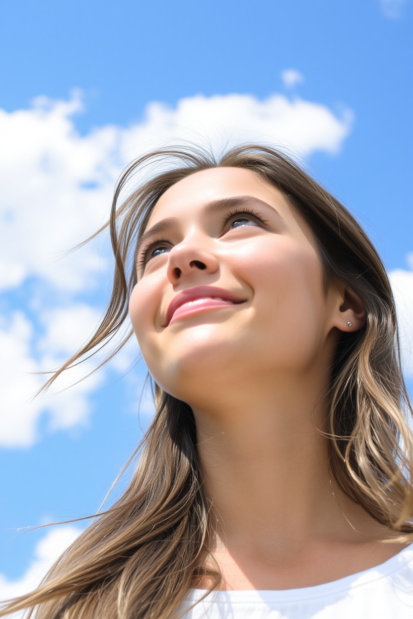 A young woman gazing up at the sky, featuring dark blonde hair, cinnamon skin, and grayish-blue eyes