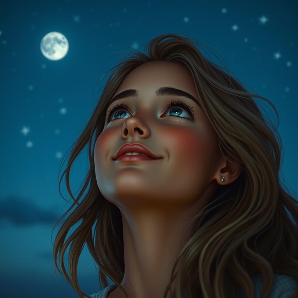 A young woman gazing up at the night sky, featuring dark blonde hair, cinnamon skin, and grayish-blue eyes