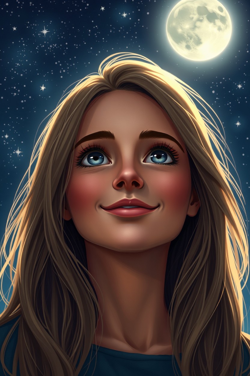 A young woman gazing at the night sky, with dark blonde hair cascading over her shoulders