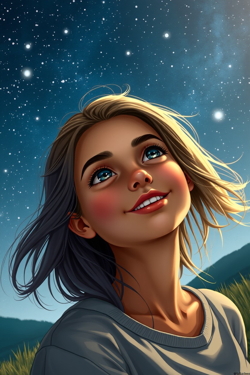 A young woman gazing into the night sky, with dark blonde hair, cinnamon skin, and gray-blue eyes, wearing a warm and tender smile
