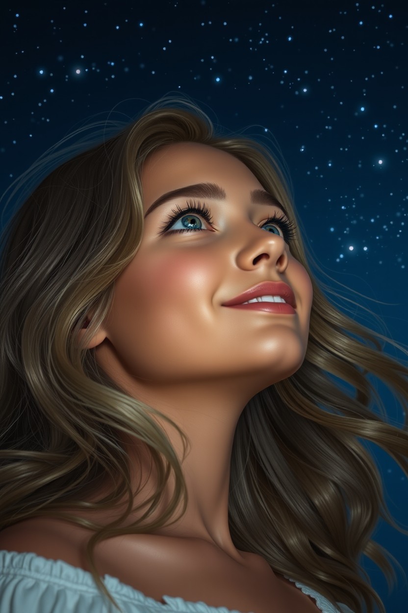 A young woman gazing at the night sky, with soft waves of dark blonde hair flowing loosely