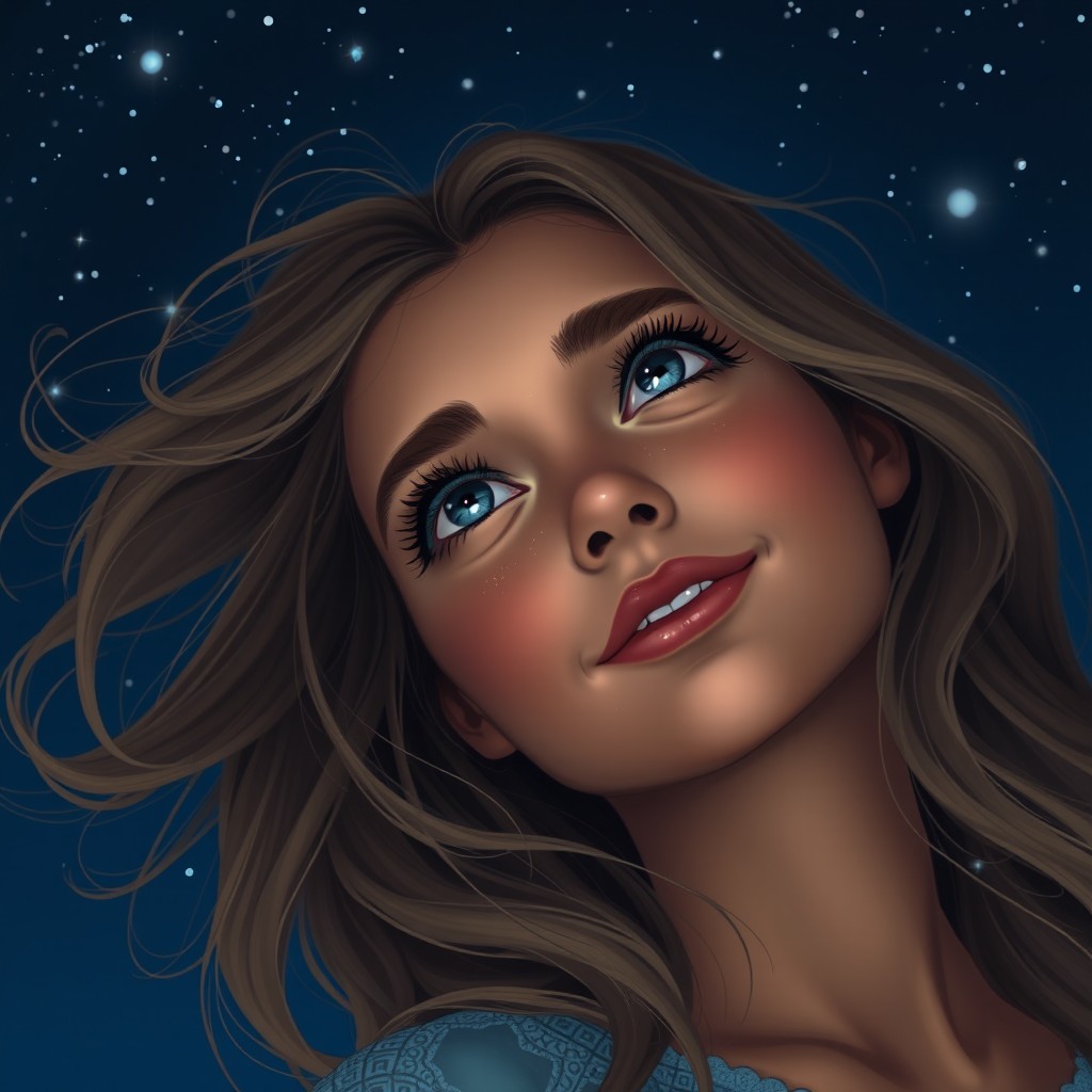 A young woman gazing at the night sky, with soft waves of dark blonde hair flowing loosely