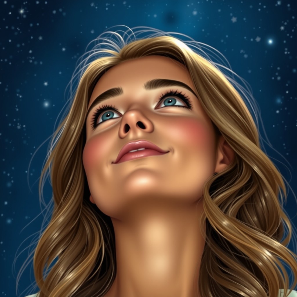 A young woman looking up at the night sky, with dark blonde hair styled in soft, loose waves