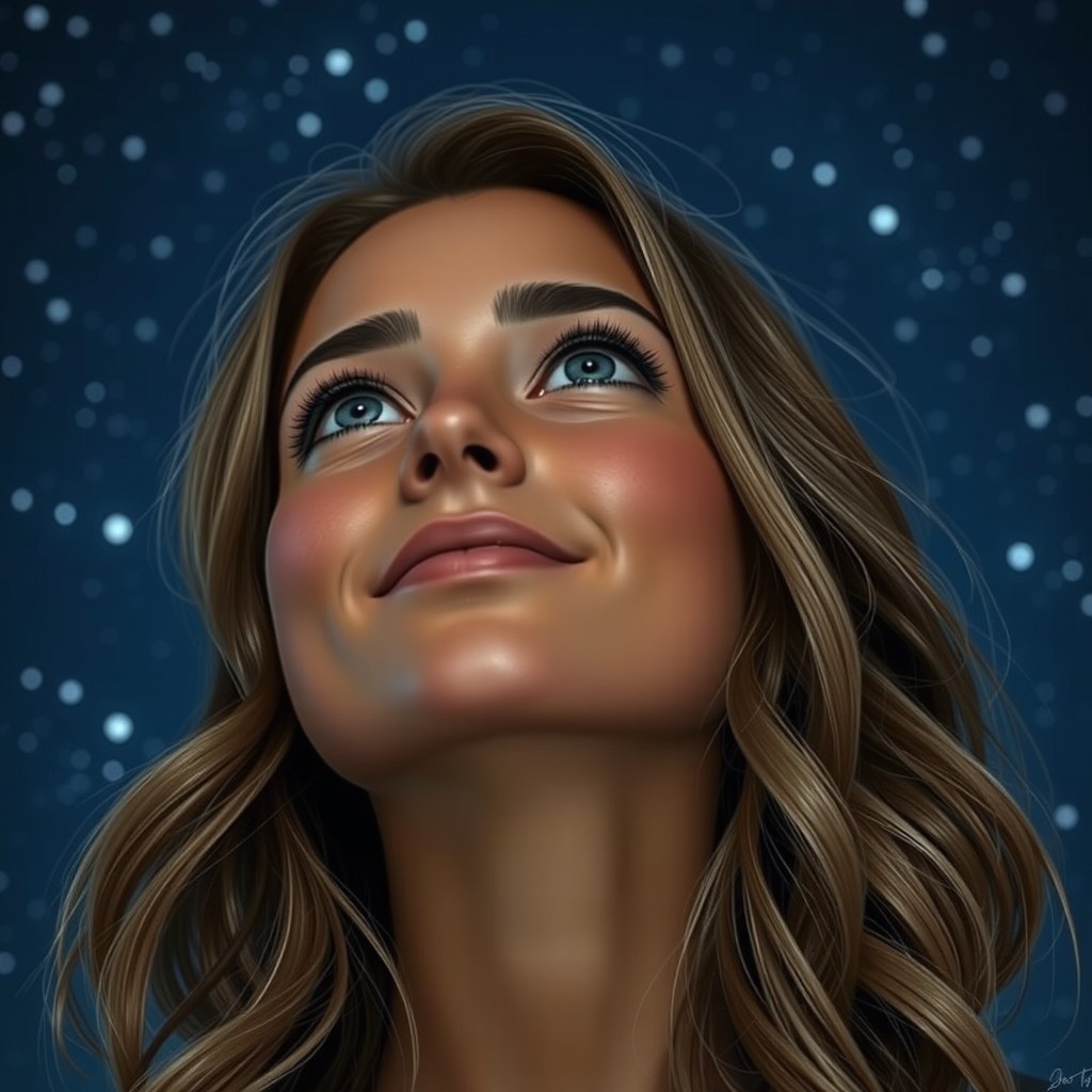 A young woman looking up at the night sky, her dark blonde hair styled in soft, loose waves