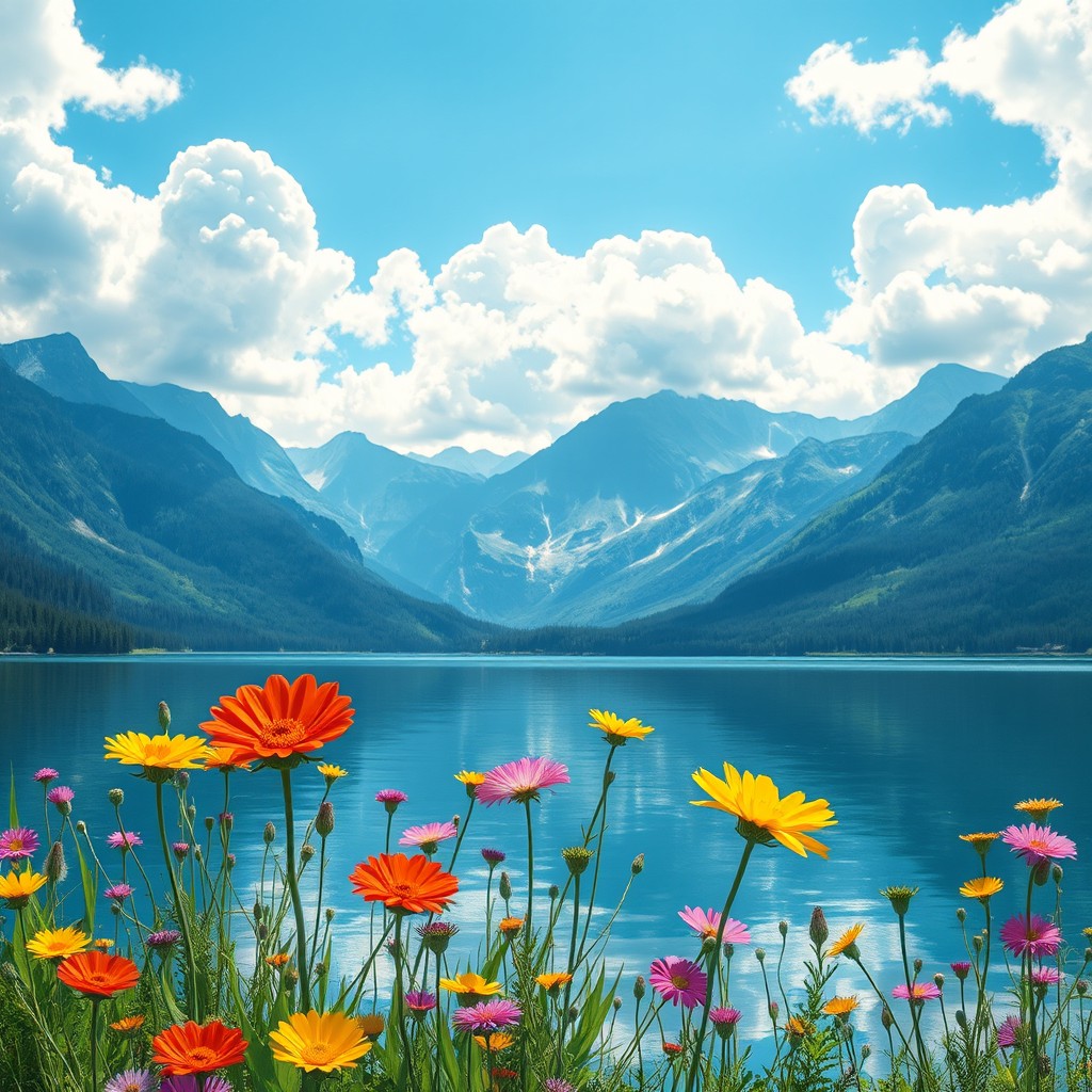 A high-resolution digital artwork depicting a serene landscape featuring a tranquil lake surrounded by majestic mountains under a bright blue sky with fluffy white clouds