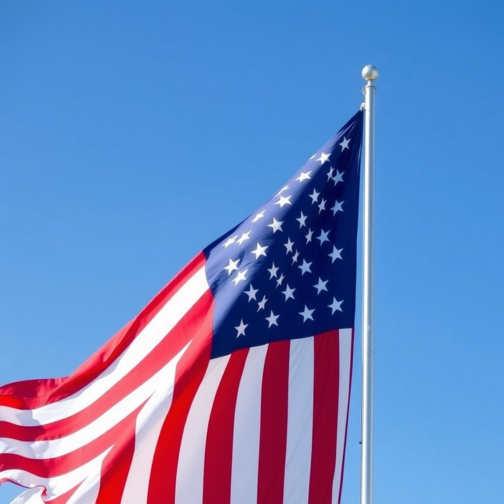 A visually striking image of the American flag (Stars and Stripes) waving in the wind, set against a clear blue sky during the year 2000