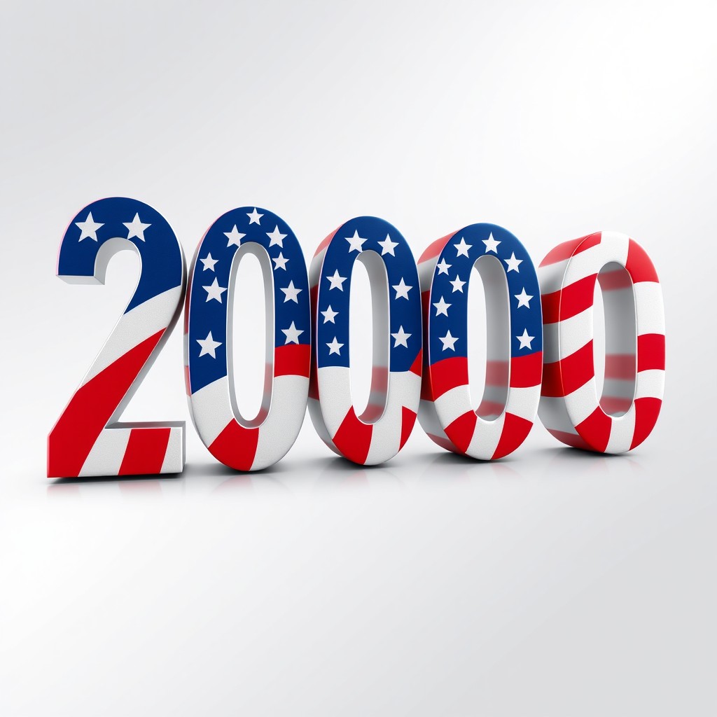 A large, bold representation of the number 2000, designed with the colors of the American flag